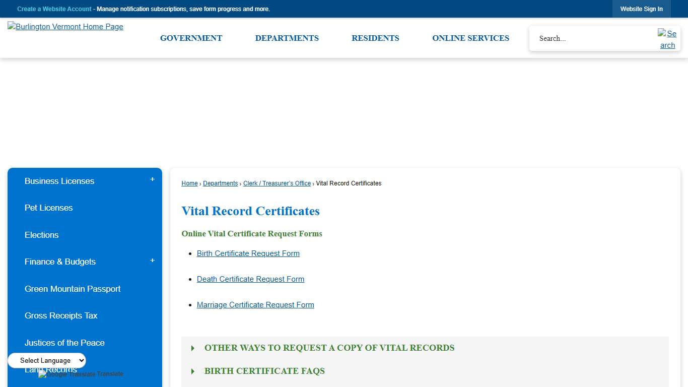 Vital Record Certificates Burlington, VT